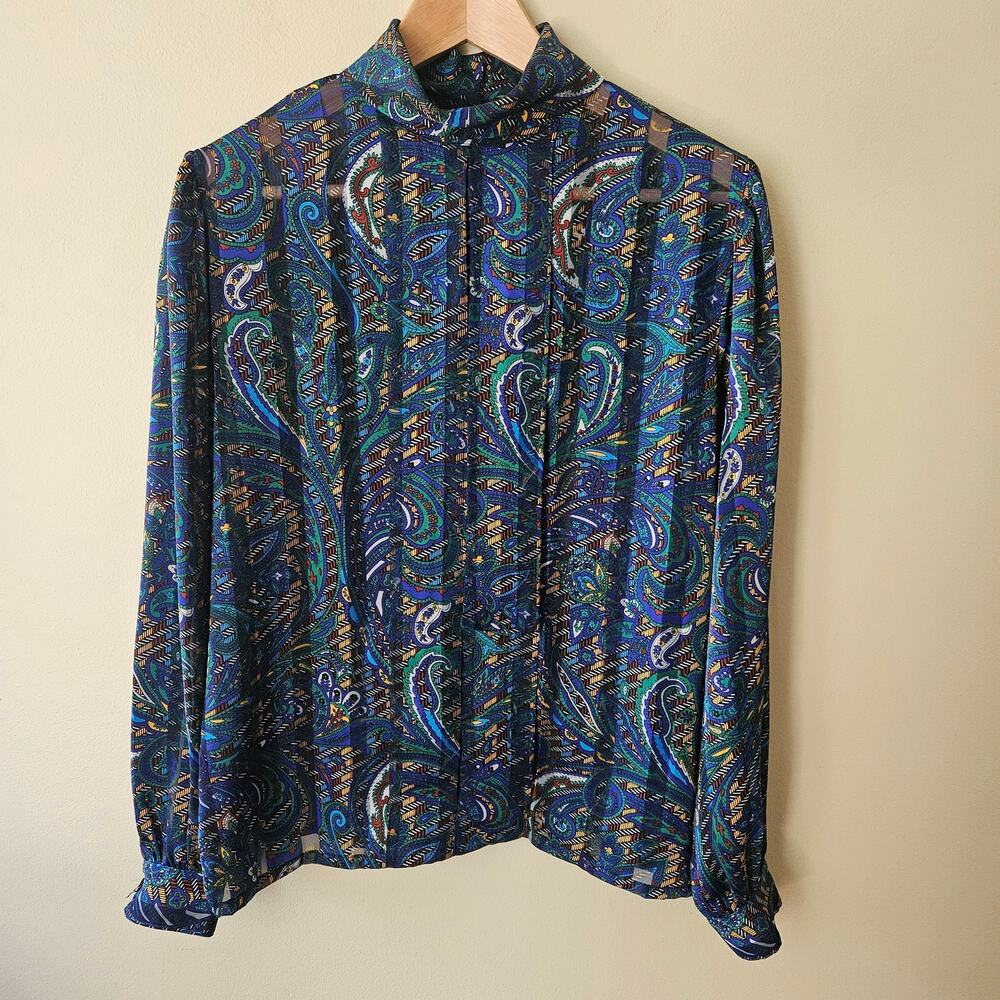 Vintage 80s Nicola Sheer Paisley Patterned Long Sleeve Blouse Size 8 Feminine